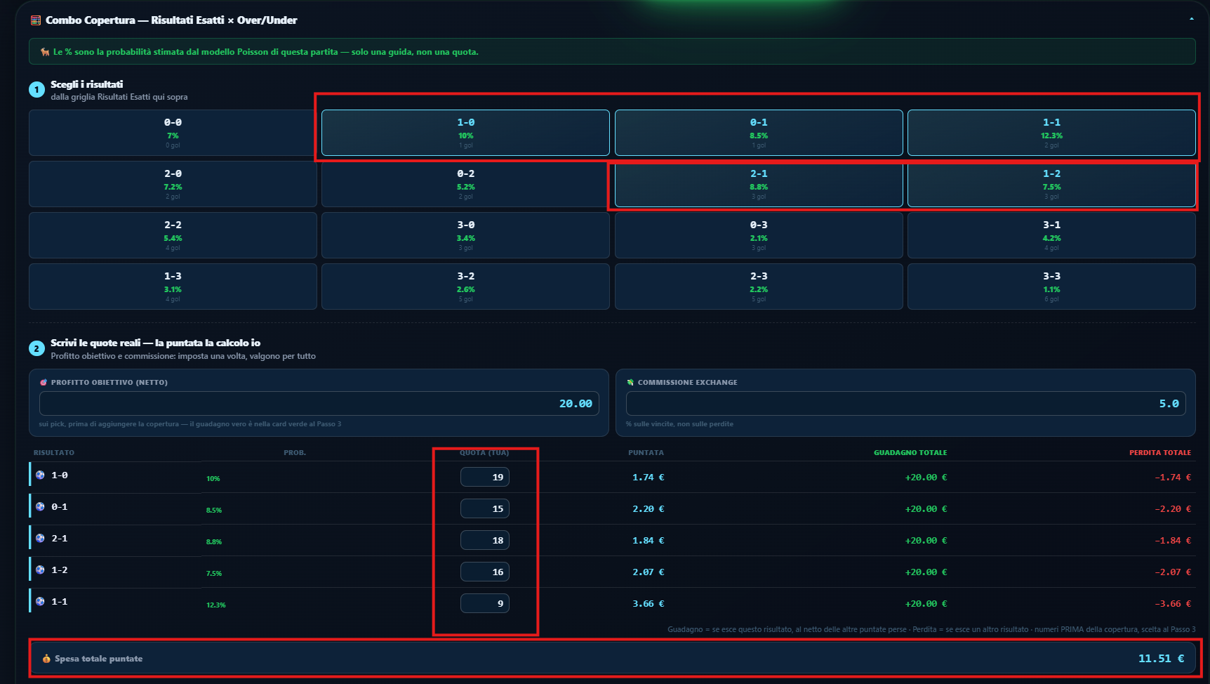 Quote reali e puntate calcolate in automatico